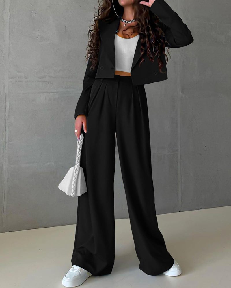KIRUNDO Business Casual Outfits for Women 2025 Fall 2 Piece Cropped Blazer Jackets Wide Leg Pants Suit Sets Work Clothes - Image 2